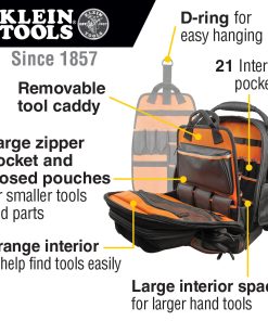 Tradesman Pro™ Tool Master Tool Bag Backpack - view of unzipped bag showing interior - with text of features - D-ring, Removable tool caddy, large zipper pocket and closed poches, orange interior, large interior space.