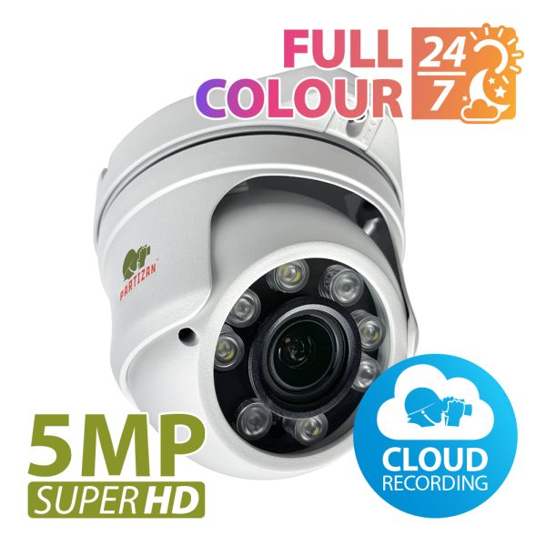 Partizan 5.0MP IP Dome Camera Varifocal (IPD-VF5MP-IR Full Colour Cloud) - showing unit and text 'Full Colour 24/7 and 5MP Super HD & cloud recording'