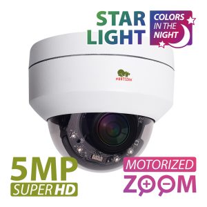 Partizan 5.0MP IP Varifocal camera IPD-VF5MP-IR PTZ Starlight - showing camera unit and text 'Star Light colors in the night and 5MP Super HD motorised zoom'