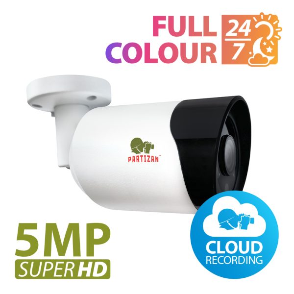Partizan 5.0MP IP camera (IPO-5SP Full Colour 1.1 Cloud) - showing unit and text 'Full Colour 24/7 and 5MP Super HD & cloud recording'