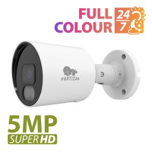 Partizan 5.0MP IP Camera (IPO-5SP Full Colour SH) - showing unit and text 'Full Colour 24/7 and 5MP Super HD'