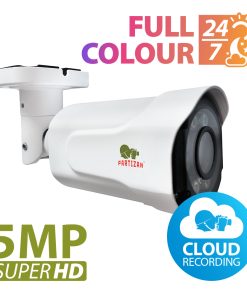 5.0MP IP Varifocal camera IPO-VF5MP Full Colour Cloud - howing unit and text 'Full Colour 24/7 and 5MP Super HD & cloud recording'
