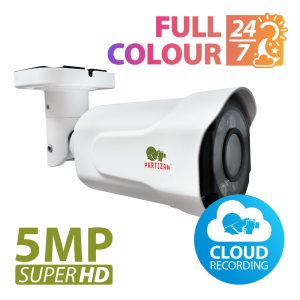 5.0MP IP Varifocal camera IPO-VF5MP Full Colour Cloud - howing unit and text 'Full Colour 24/7 and 5MP Super HD & cloud recording'