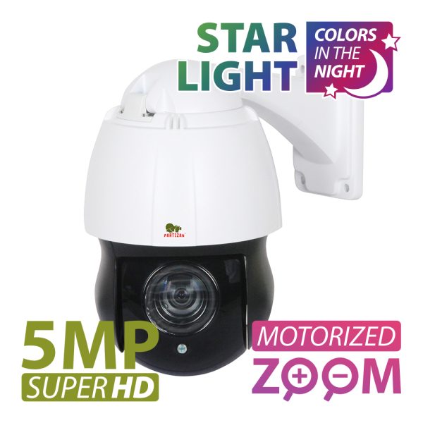 Partizan 5.0MP IP PTZ Varifocal camera (PS-230X-IR 1.2 Starlight) - showing unit and text 'Star Light colors in the night and 5MP Super HD motorised zoom'