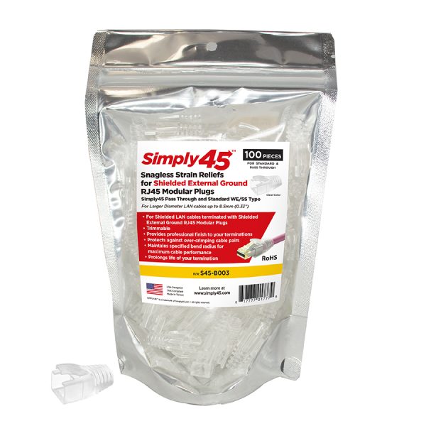 Strain Reliefs for Simply45® Shielded External Ground for Pass-Through & Standard RJ45 - showing packaging