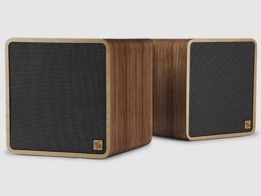 SOWA Sound Wireless Speakers - showing two speaker units from the front at an angle showing speaker design and Birch veneer finish..