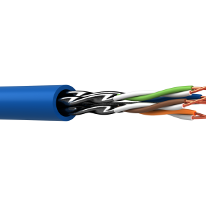 Webro CAT6a Cable - showing cable from side showing blue cable sheath colour and with twisted wires and shielding exposed