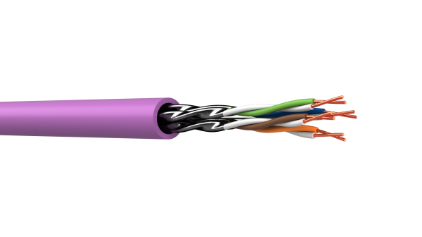 Webro CAT6a Cable - showing cable from side showing purple cable sheath colour and with twisted wires and shielding exposed