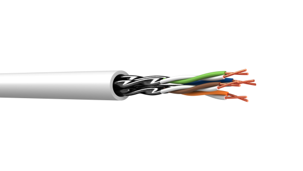 Webro CAT6a Cable - showing cable from side showing white cable sheath colour and with twisted wires and shielding exposed