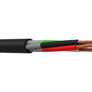 Webro outdoor speaker cable 4 core -showing cable from side showing black cable sheath colour and with speaker wires exposed