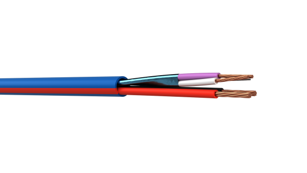 Webro lighting control cable - blue and red Lutron Keypad Cable - showing cable from side showing cable sheath colour and with wires exposed