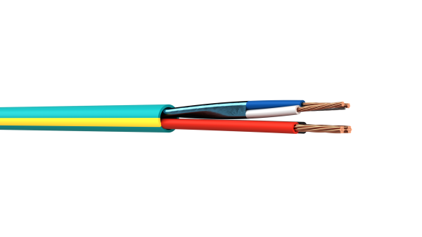 Webro lighting control cable - Teal and yellow Crestron Keypad Cable - showing cable from side showing cable sheath colour and with wires exposed